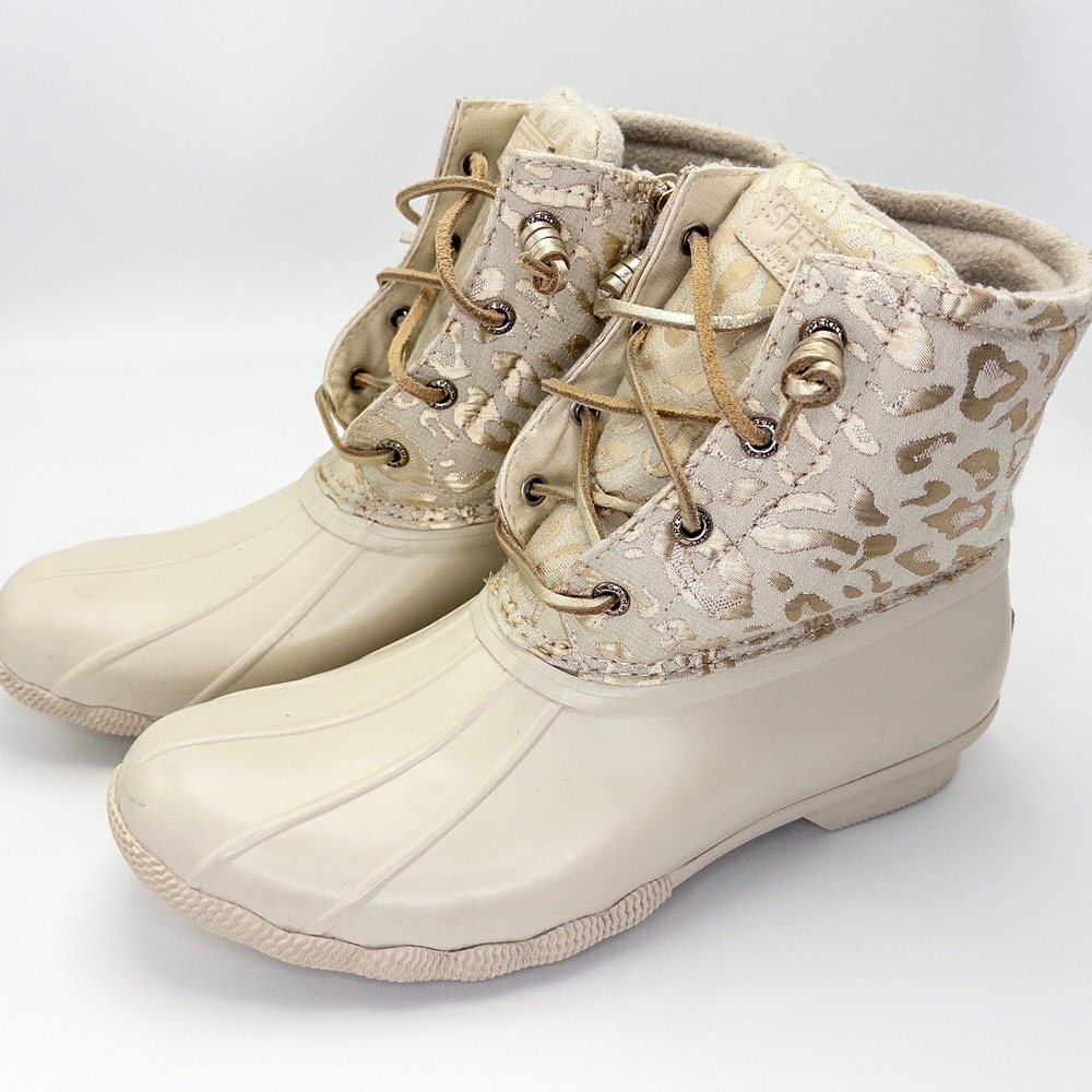 Sperry Saltwater Duck Boots Women's 8.5 Ivory Gold Metallic Leopard STS88315 - Picture 11 of 15